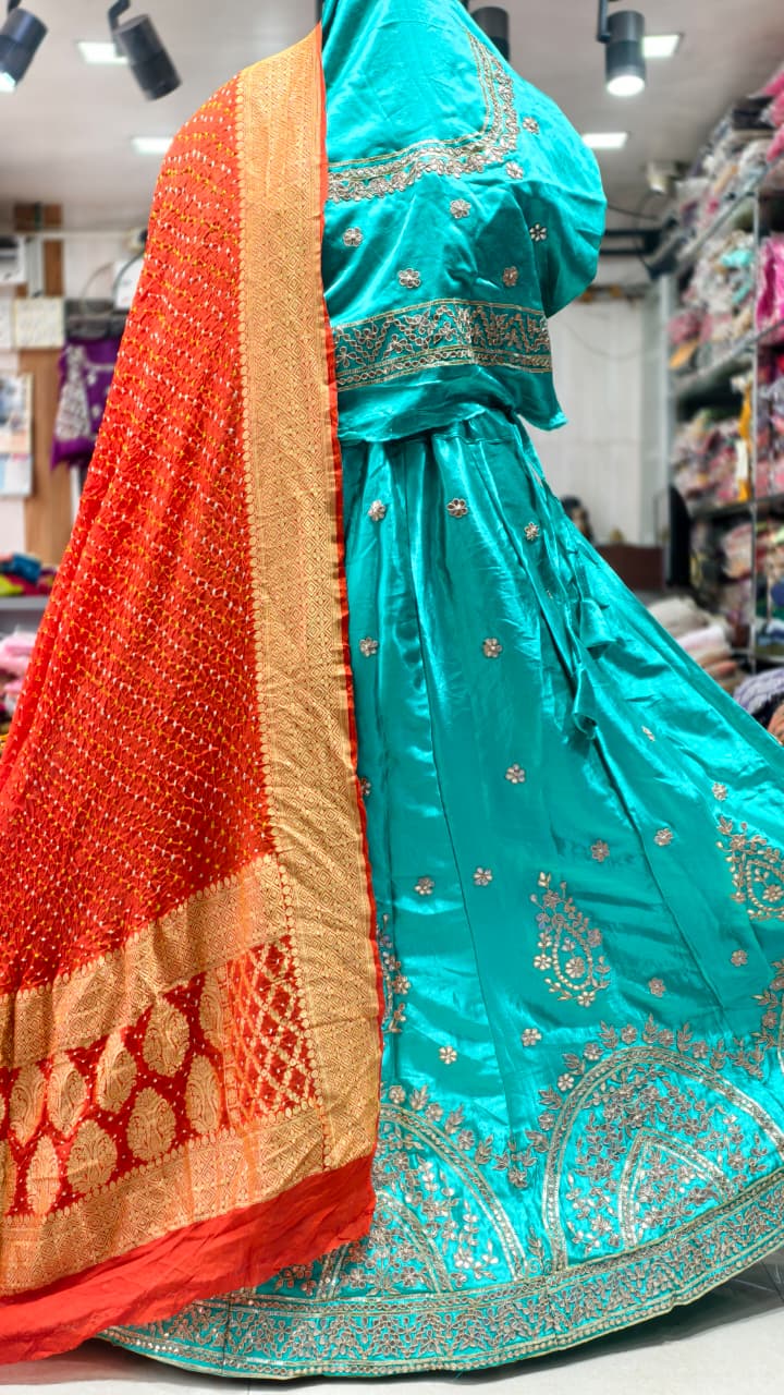 Pure Mashru Gaji Silk Ghagra & Blouse with Hand Bandhej Upada Dupatta